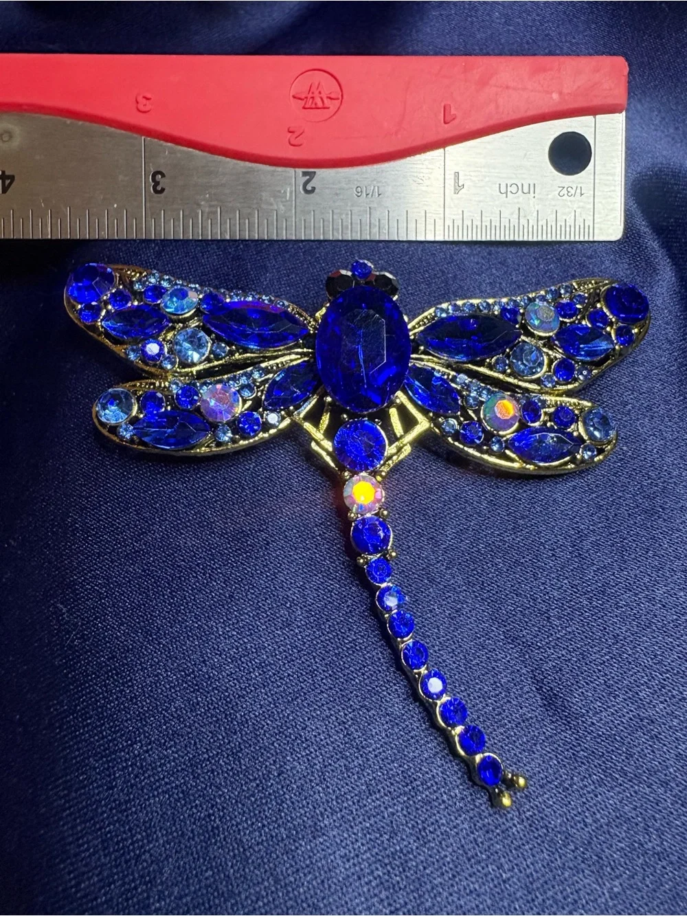 Brooch Dragon Fly Deep Royal Blue Tones Rhinestones Gold Setting Statement